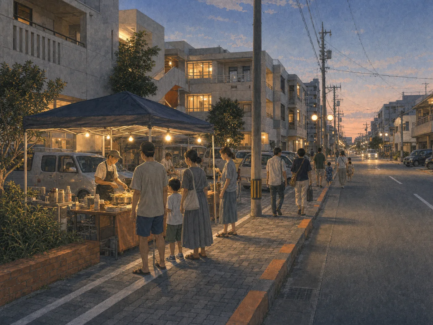 山手通りの歩道沿いに仮設の屋台が並び、地域の人が立ち寄る様子を描いたイラスト
