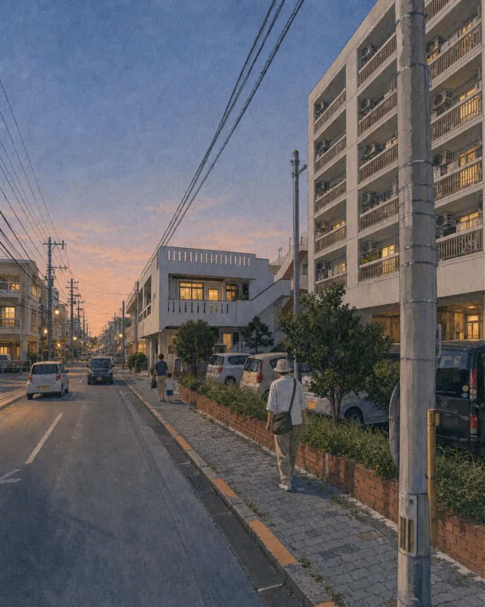 夕暮れの山手通りに並ぶコンクリート建築や電柱、歩道を描いたイラスト